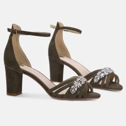 Perfect Bridal Party Shoes | Wedding Guest Shoes*Frankie Olive Suede Crystal Strappy Block Heel Sandals Olive Green