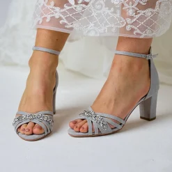 Perfect Bridal Party Shoes | Wedding Guest Shoes*Frankie Suede Crystal Strappy Block Heel Sandals Stone
