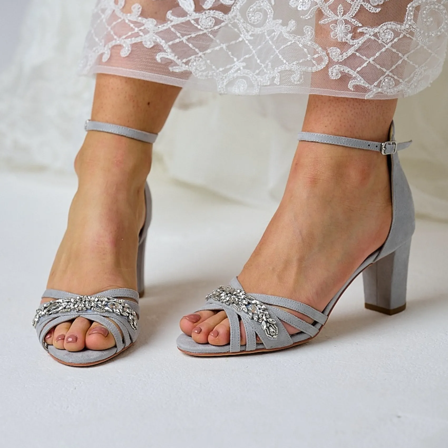 Perfect Bridal Party Shoes | Wedding Guest Shoes*Frankie Suede Crystal Strappy Block Heel Sandals Stone