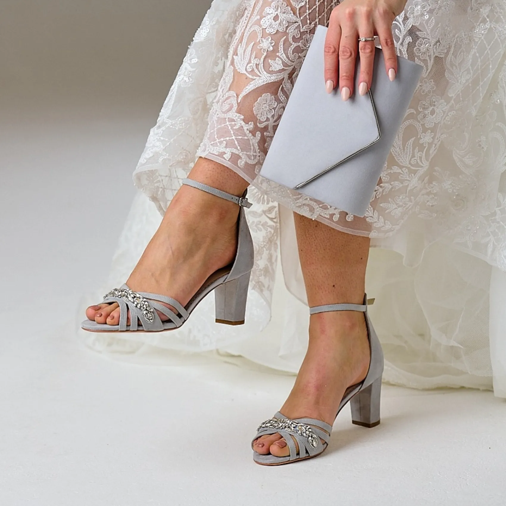 Perfect Bridal Party Shoes | Wedding Guest Shoes*Frankie Suede Crystal Strappy Block Heel Sandals Stone