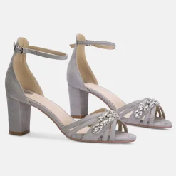 Perfect Bridal Party Shoes | Wedding Guest Shoes*Frankie Suede Crystal Strappy Block Heel Sandals Stone