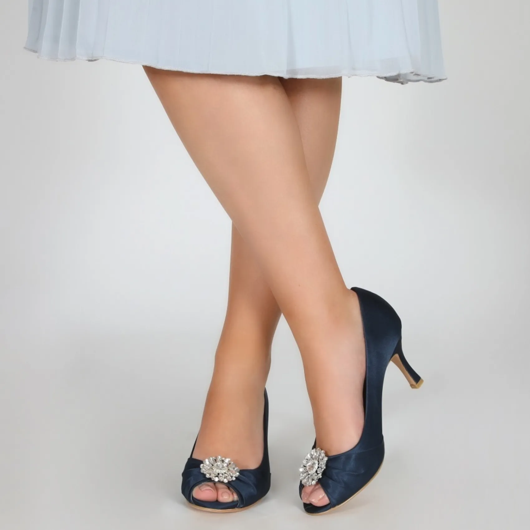 Perfect Bridal Wedding Guest Shoes | Mother Of The Bride Shoes*Gina Satin Peep Toe Shoes with Crystal Trim Navy