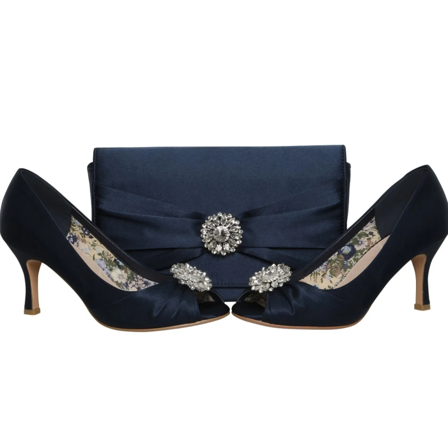 Perfect Bridal Wedding Guest Shoes | Mother Of The Bride Shoes*Gina Satin Peep Toe Shoes with Crystal Trim Navy