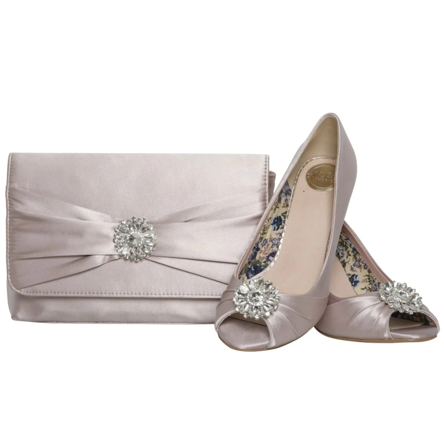 Perfect Bridal Wedding Guest Shoes | Mother Of The Bride Shoes*Gina Satin Peep Toe Shoes with Crystal Trim Taupe