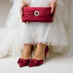 Perfect Bridal Occasion Handbags*Harlow Satin Pearl Brooch Clutch Bag Berry