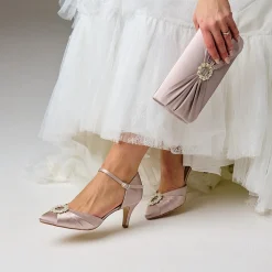 Perfect Bridal Occasion Handbags*Harlow Satin Pearl Brooch Clutch Bag Taupe