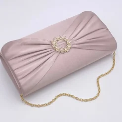 Perfect Bridal Occasion Handbags*Harlow Satin Pearl Brooch Clutch Bag Taupe