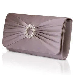 Perfect Bridal Occasion Handbags*Harlow Satin Pearl Brooch Clutch Bag Taupe