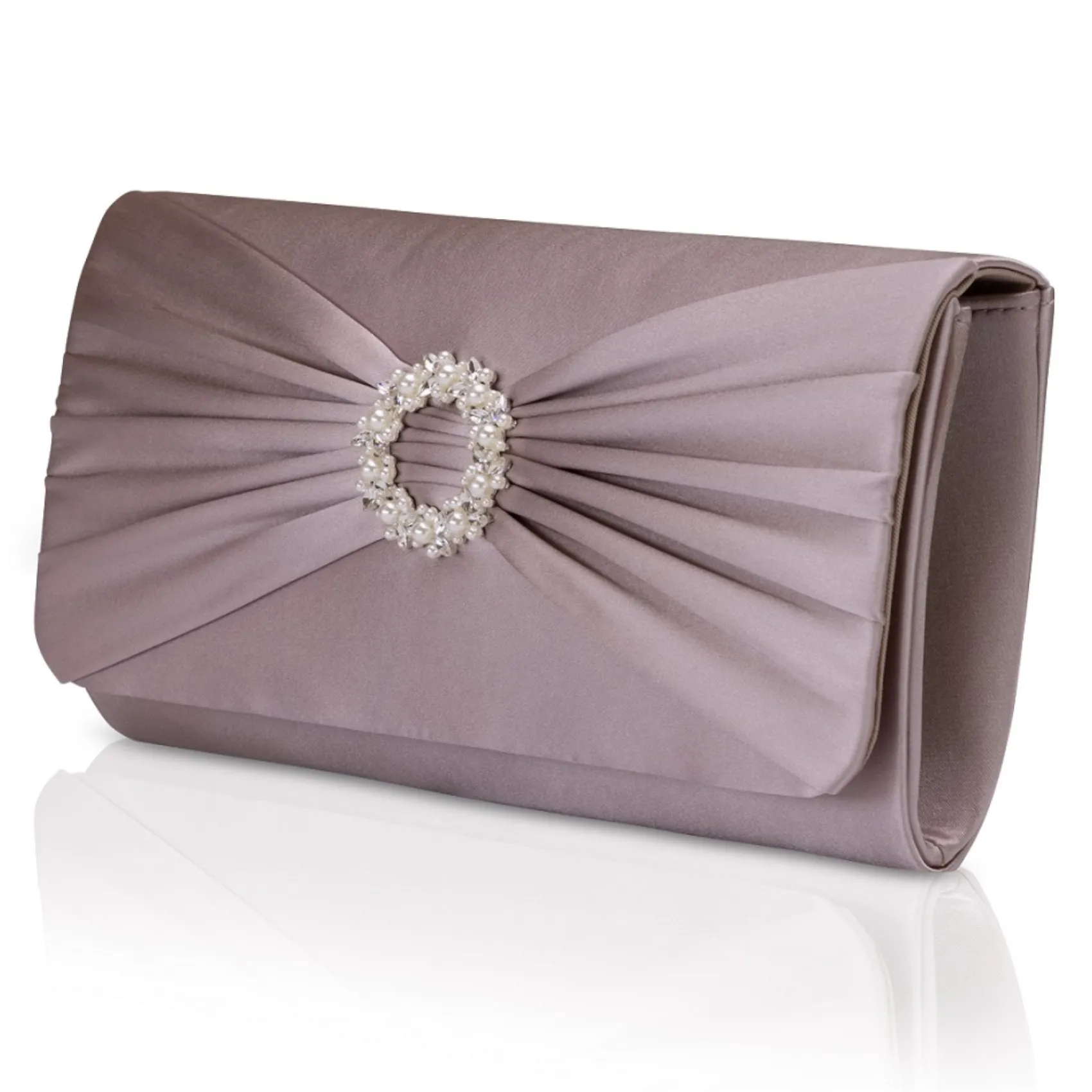 Perfect Bridal Occasion Handbags*Harlow Satin Pearl Brooch Clutch Bag Taupe