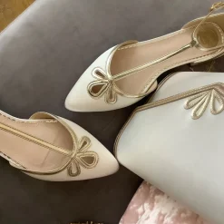 Perfect Bridal Wedding Shoes | Shoes For Dyeing*Harper Dyeable Ivory Satin and Gold T-Bar Flats Ivory/ Gold