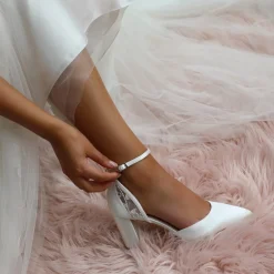 Perfect Bridal Wedding Shoes | Mid Heel*Indi Dyeable Satin Block Heel Ankle Strap Court Shoes Ivory