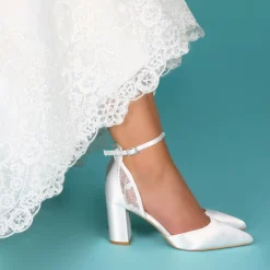 Perfect Bridal Wedding Shoes | Mid Heel*Indi Dyeable Satin Block Heel Ankle Strap Court Shoes Ivory