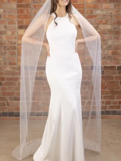 Perfect Bridal Chapel Length & Cathedral Veils | Floor Length Veils*Single Tier Cut Edge Scattered Pearl Veil Ivory