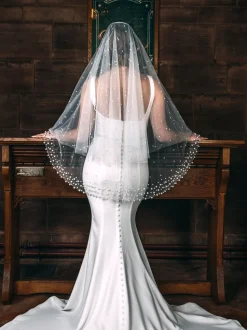 Perfect Bridal Two Tier Veils | Fingertip Veils*Two Tier Heavily Embellished Short Pearl Veil Ivory