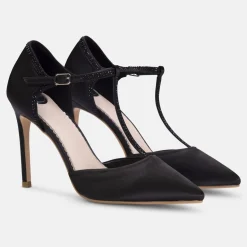 Perfect Bridal Party Shoes | Wedding Guest Shoes*Jessica Satin High Heel Diamante T-Bar Shoes Black