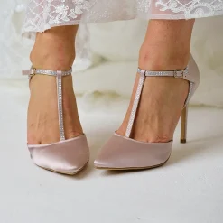 Perfect Bridal Party Shoes | Wedding Guest Shoes*Jessica Satin High Heel Diamante T-Bar Shoes Taupe