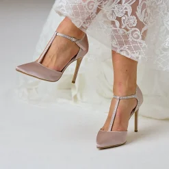 Perfect Bridal Party Shoes | Wedding Guest Shoes*Jessica Satin High Heel Diamante T-Bar Shoes Taupe