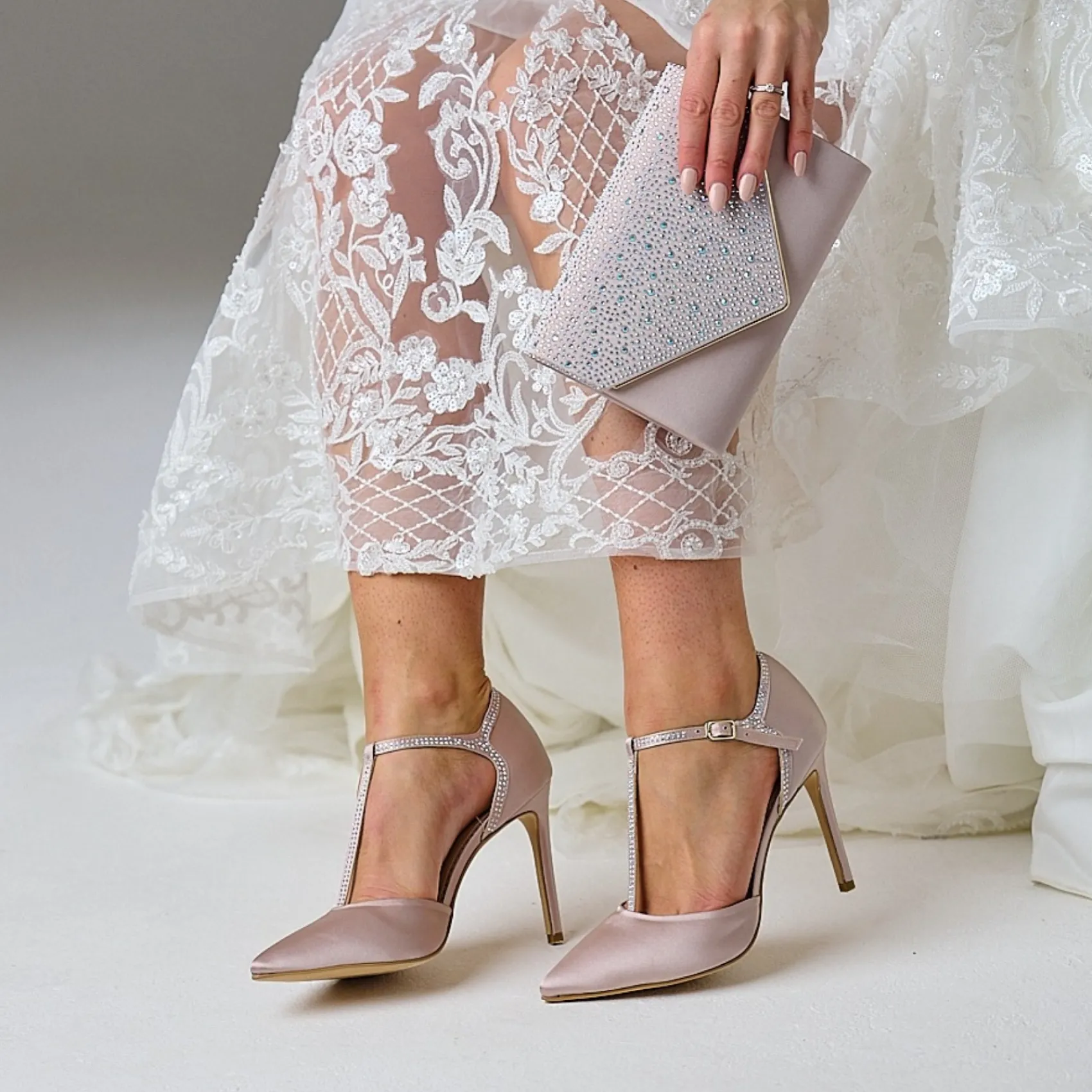 Perfect Bridal Party Shoes | Wedding Guest Shoes*Jessica Satin High Heel Diamante T-Bar Shoes Taupe