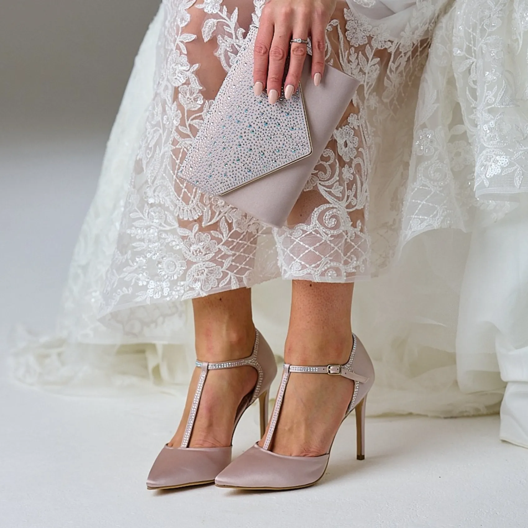 Perfect Bridal Party Shoes | Wedding Guest Shoes*Jessica Satin High Heel Diamante T-Bar Shoes Taupe