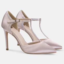Perfect Bridal Party Shoes | Wedding Guest Shoes*Jessica Satin High Heel Diamante T-Bar Shoes Taupe