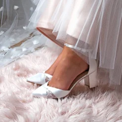 Perfect Bridal Wedding Shoes | Mid Heel*Kerry Satin Block Heel Ankle Strap Court Shoes Ivory