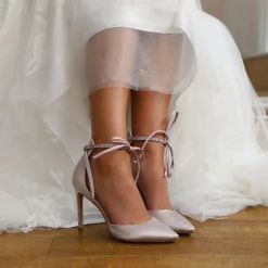 Perfect Bridal Party Shoes | Wedding Guest Shoes*Kimi Satin Tie Up Court Shoes with Diamante Detail Taupe
