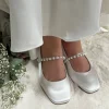 Perfect Bridal Wedding Shoes | Low Heel*Kinsley Satin Low Block Heels with Pearl Strap Ivory
