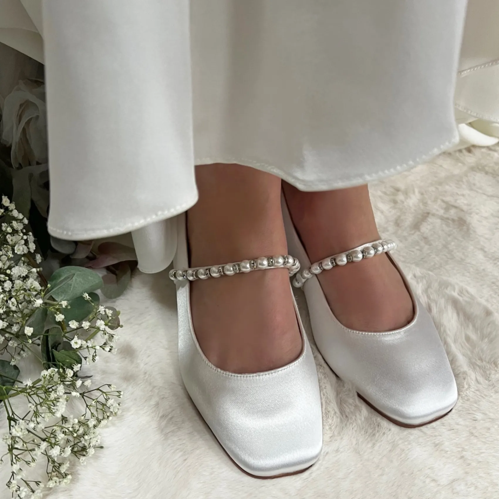 Perfect Bridal Wedding Shoes | Low Heel*Kinsley Satin Low Block Heels with Pearl Strap Ivory