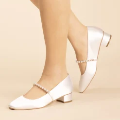 Perfect Bridal Wedding Shoes | Low Heel*Kinsley Satin Low Block Heels with Pearl Strap Ivory