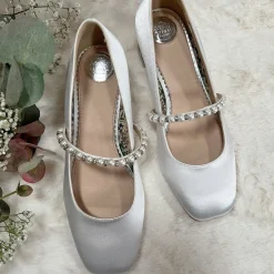 Perfect Bridal Wedding Shoes | Low Heel*Kinsley Satin Low Block Heels with Pearl Strap Ivory