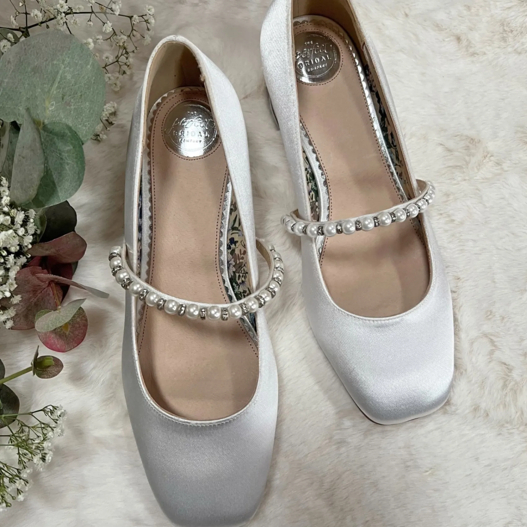 Perfect Bridal Wedding Shoes | Low Heel*Kinsley Satin Low Block Heels with Pearl Strap Ivory