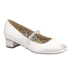 Perfect Bridal Wedding Shoes | Low Heel*Kinsley Satin Low Block Heels with Pearl Strap Ivory