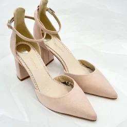 Perfect Bridal Pink Prom Shoes | Prom Shoes*Liberty Suede Block Heel Ankle Strap Court Shoes Blush