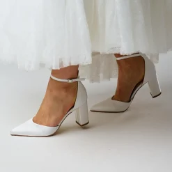 Perfect Bridal Wedding Shoes | Mid Heel*Liberty Satin Block Heel Ankle Strap Court Shoes Ivory