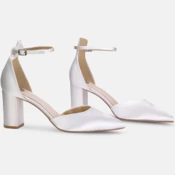 Perfect Bridal Wedding Shoes | Mid Heel*Liberty Satin Block Heel Ankle Strap Court Shoes Ivory