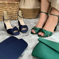Perfect Bridal Wedding Guest Shoes | Mother Of The Bride Shoes*Lucinda Satin Knotted Block Heel Sandals Green