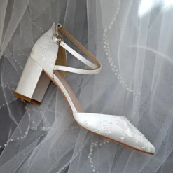 Perfect Bridal Wedding Shoes | Mid Heel*Maisie Dyeable Lace Block Heel Cross Strap Court Ivory