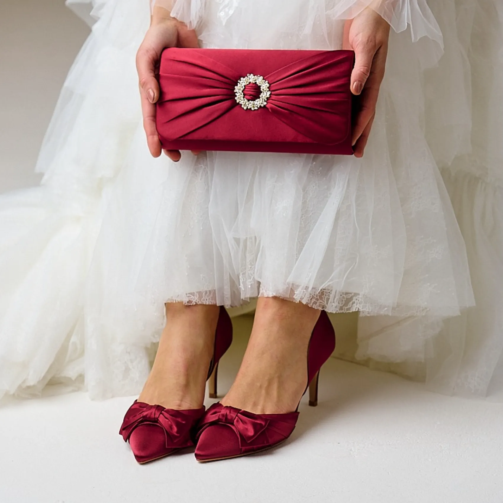 Perfect Bridal Party Shoes | Wedding Guest Shoes*Margo Satin Mid Heel Bow Court Shoes Berry