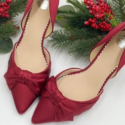 Perfect Bridal Party Shoes | Wedding Guest Shoes*Margo Satin Mid Heel Bow Court Shoes Berry