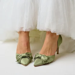 Perfect Bridal Party Shoes | Wedding Guest Shoes*Margo Satin Mid Heel Bow Court Shoes Olive Green