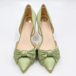 Perfect Bridal Party Shoes | Wedding Guest Shoes*Margo Satin Mid Heel Bow Court Shoes Olive Green