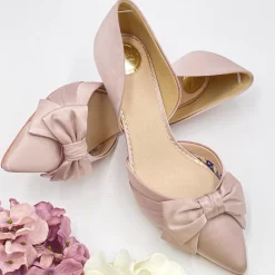 Perfect Bridal Party Shoes | Wedding Guest Shoes*Margo Satin Mid Heel Bow Court Shoes Taupe