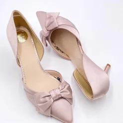 Perfect Bridal Party Shoes | Wedding Guest Shoes*Margo Satin Mid Heel Bow Court Shoes Taupe