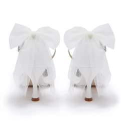 Perfect Bridal Wedding Shoes | Mid Heel*Mathilda Satin Ankle Strap Tulle Bow Court Shoes Ivory