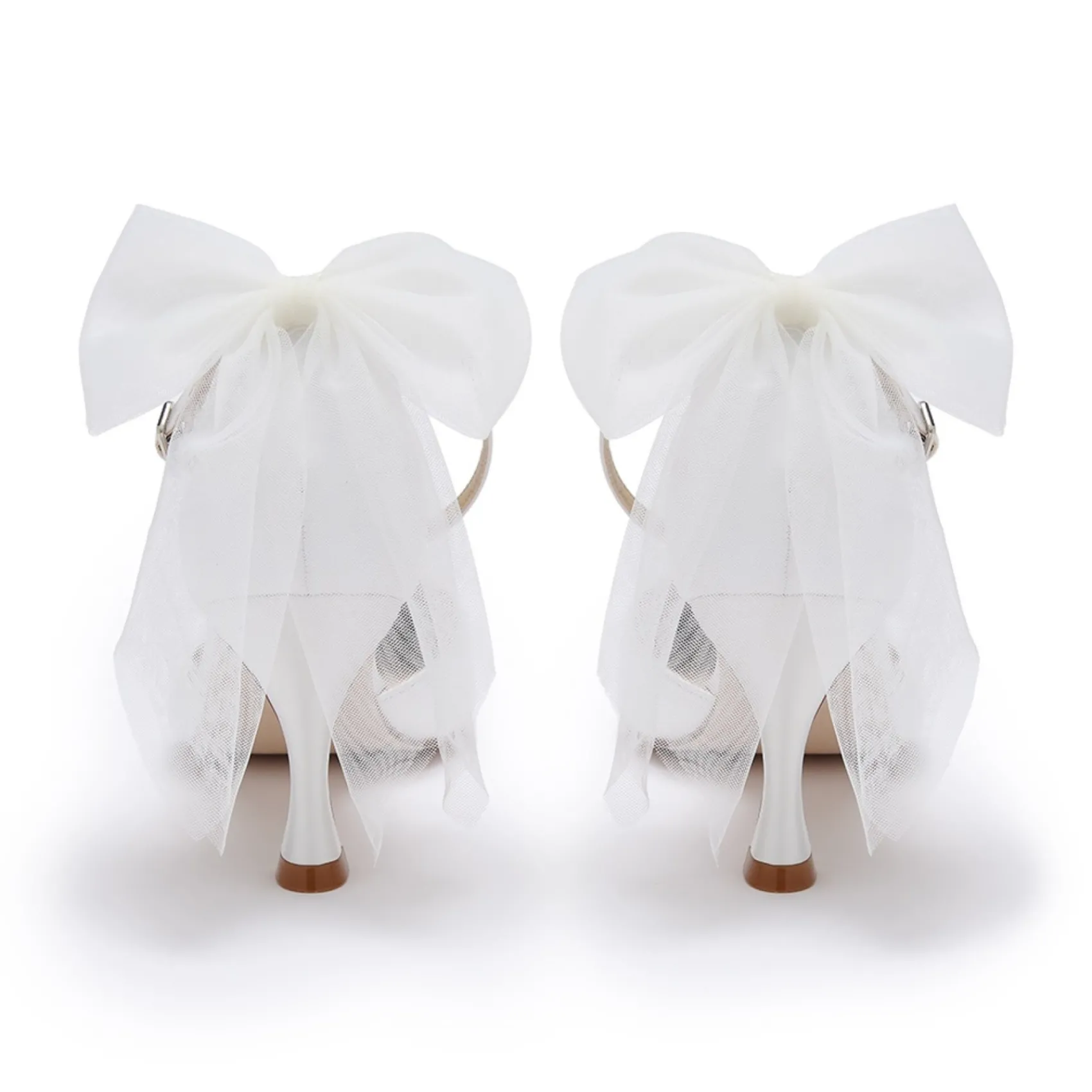 Perfect Bridal Wedding Shoes | Mid Heel*Mathilda Satin Ankle Strap Tulle Bow Court Shoes Ivory