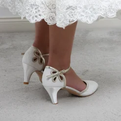 Perfect Bridal Wedding Shoes | Mid Heel*Nina Ivory Lace and Gold Ankle Strap Shoes Ivory/ Gold