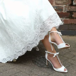 Perfect Bridal Wedding Shoes | High Heel*Phoenix Satin Crystal T-Bar Sandals with Detail Ivory