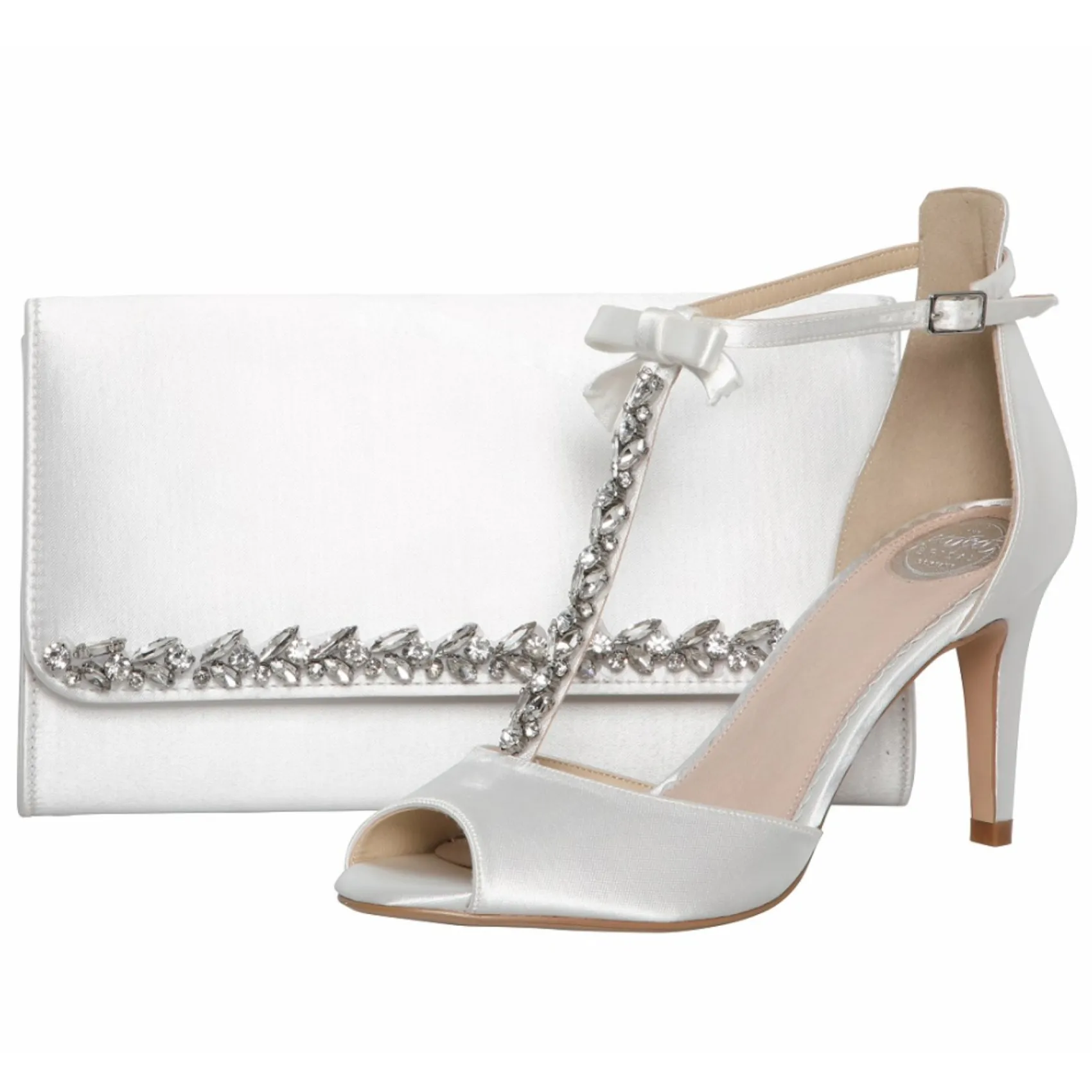 Perfect Bridal Wedding Shoes | High Heel*Phoenix Satin Crystal T-Bar Sandals with Detail Ivory