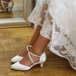 Perfect Bridal Wedding Shoes | Low Heel*Renate Satin Heel Courts with Crossover Straps Ivory
