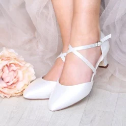 Perfect Bridal Wedding Shoes | Low Heel*Renate Satin Heel Courts with Crossover Straps Ivory
